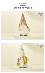 Detail showing male and female faceless Christmas gnomes with knit hats and warm lights