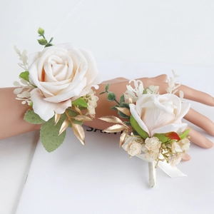 Cream artificial rose wedding boutonniere and wrist corsage set with golden leaves
