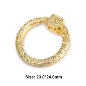 Macro shot of 23mm golden metal loop with Greek key engraving for DIY accessories