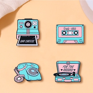 Retro Cartoon Enamel Pin Set Alloy Drip Oil Brooch For Clothes Camera Tape Phone Record Player Badge Vintage Jewelry Gift