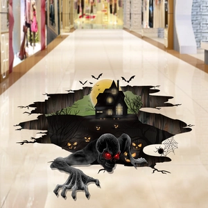 3D Halloween floor decal showing a skeleton crawling from a cracked ground with a haunted house