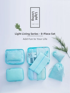 Detailed set of 8 light blue travel organizers with breathable mesh for luggage packing