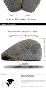 Detailed size guide for plaid beret showing adjustable 55-59cm circumference and wool material