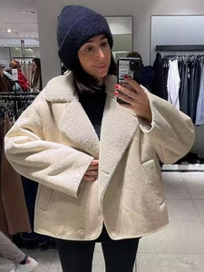 Women Suede Faux Fur Shearling Jacket Lapel Collar Thick Warm Button Down Cropped Coat Winter Streetwear Outwear