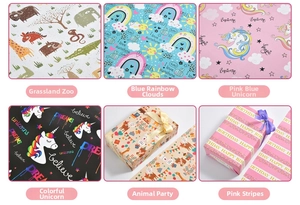 Detail view of 80g thick gift wrapping paper with cartoon animals and unicorn designs