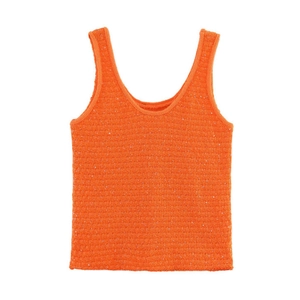 Orange knitted vest with subtle sequins features a minimalist round neck and loose fit