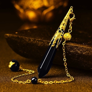 Polished hexagonal obsidian crystal pendant with gold hollow filigree and beaded chain