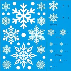 Detailed sizing chart for Christmas snowflake window stickers with dimensions and counts