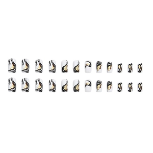 Medium square press-on nails with black marble swirls and gold glitter accents
