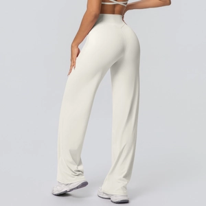 Detail view of high waist yoga flare pants with V-shaped back seam in light grey fabric