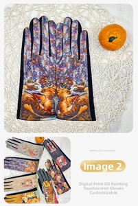 Detailed macro view of 3D oil painting digital prints on warm suede PU touch screen gloves