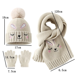 Size chart showing dimensions for toddler knit hat, scarf and glove set with bunny design