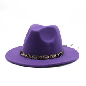 Detail of dark purple felt fedora with ethnic style woven band and metal buckle