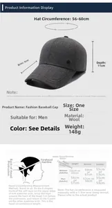 Size chart showing dimensions for warm winter baseball cap with ear flaps and wool fabric