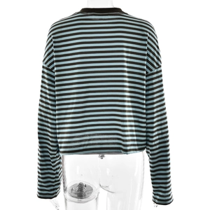 Rear view detail of blue and black striped long-sleeve T-shirt with fine fabric texture