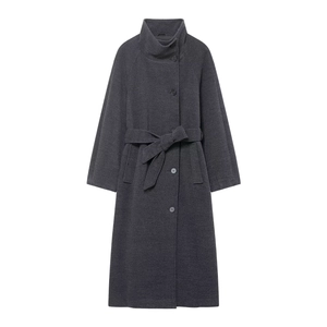 Elegant charcoal grey long wool coat with stand collar and matching waist belt