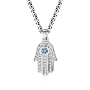 Hamsa Hand Pendant Necklace Titanium Steel Rhinestone Evil Eye Religious Protective Jewelry For Men Women