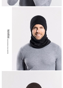 Detail of high-elastic black knit beanie and neck warmer set with vertical textures