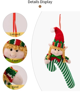 Detail display of plush Christmas elf candy cane with lanyard and embroidery close-ups