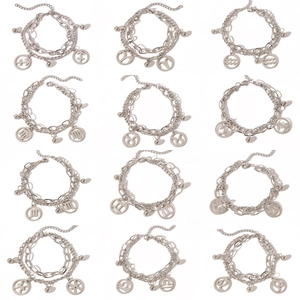 Double-layered stainless steel zodiac bracelets with 12 constellation charms and round beads