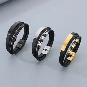 Bracciale Uomo Pelle Intrecciata Multistrato Acciaio Inossidabile Piastra Metallica Perline Bangle Chiusura Magnetica Moda
