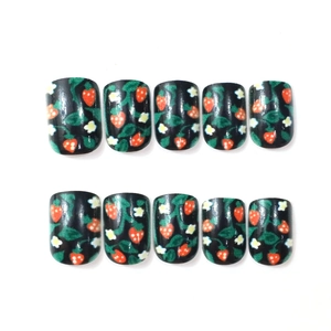 Close-up of short square press-on nails featuring red strawberry and floral patterns