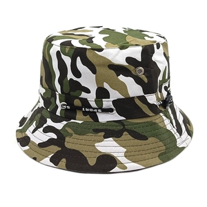 Detail of camouflage bucket hat showing metal eyelets and adjustable sport toggle drawstring