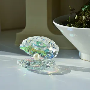 Rainbow crystal clam shell with pearl ornament casting colorful light reflections