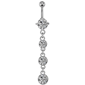 Close-up of silver belly button ring with four graduated sparkling round zircons