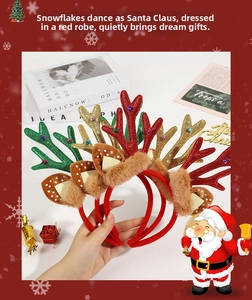 Close-up of festive reindeer antler headbands with colorful sequins and plush ears