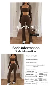 Detail view of coffee Y2K yoga set with square neck top and flared pants fabric specs