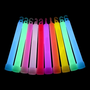 Colorful 6-inch glow sticks with top hooks shining brightly in a fan shape on black background