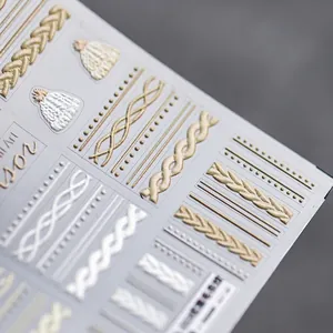 3D embossed knit sweater texture nail stickers with gold and white weave patterns