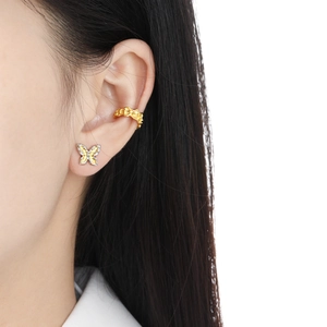 S925 Sterling silver black butterfly stud earring and gold ear cuff set on model