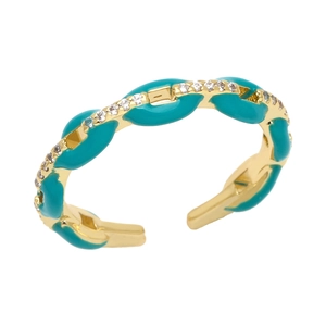 Detailed close-up of gold chain link ring with blue enamel and pave set cubic zirconia