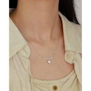 Detailed view of elegant s925 silver necklace with white zircon pendant on model neck