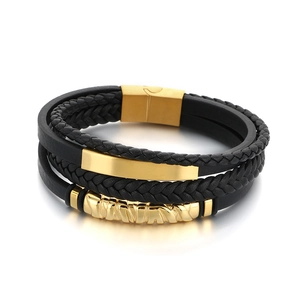 Men's multilayer braided leather bracelet with golden magnetic clasp on white background