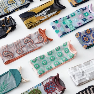 Japanese style sheer mesh crew socks with vintage paisley and geometric patterns