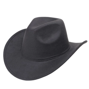 Close-up of black wool felt cowboy hat showing fine stitching on the wide brim