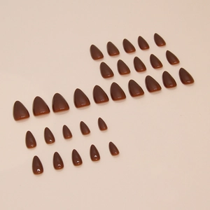 Deep brown almond-shaped press-on nails with a glossy jelly finish 24-piece set