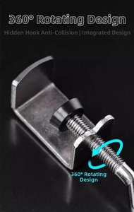 Detail showing 360-degree swivel screw and rubber protective pad of the metal desk hook