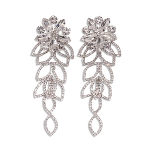 Elegant floral leaf drop earrings with silver metal plating and sparkling rhinestones