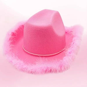 Detailed front view of pink western cowboy hat with crown and fluffy feather trim
