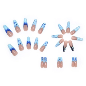 Blue long coffin press on nails set with evil eye and heart patterns for manicure