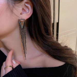 Elegant vintage triangle earrings with long rhinestone tassels in gunmetal finish
