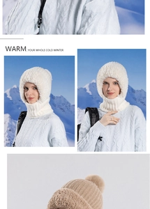 Détail de la capuche tricotée d'hiver avec doublure en fausse fourrure et masque intégré