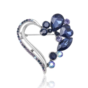 Exquisite silver heart brooch with blue and purple crystals and elegant rhinestone accents