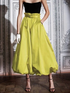 Jupe Midi En Satin Taille Haute Ourlet Bouffant Plissée Jaune Vif Élégante Mode Streetwear Pour Femmes