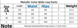 Size guide for metallic asymmetric cape top and wide-leg pants set with detailed measurements