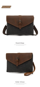 Macro detail of army green canvas and brown leather texture on the vintage envelope bag